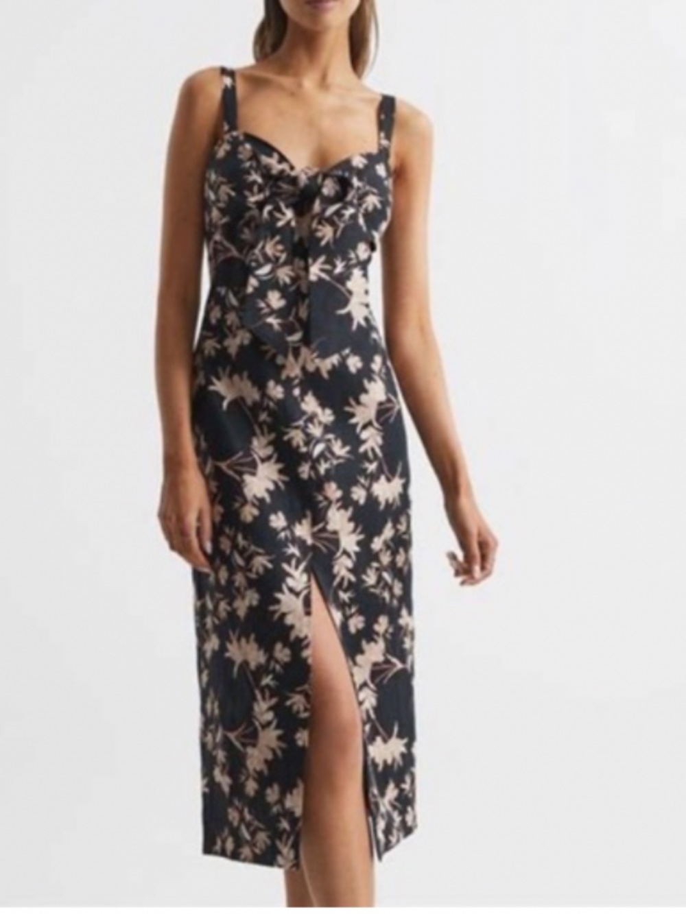 REISS Black & Blush Floral Linen Blend Midi Dress Front Slit Size 2 | Beautiful